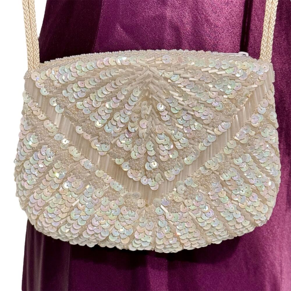 Beaded & Sequined Small Evening Bag Cream Ivory‎ Excellent Condition Homecoming